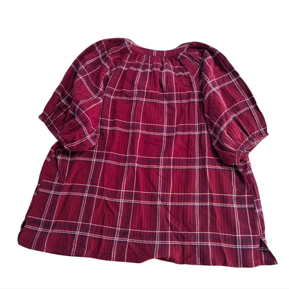 Loft Blouse Red Blue White Plaid Tie-Neck Puff Sleeve Top Size L Petite *NWT